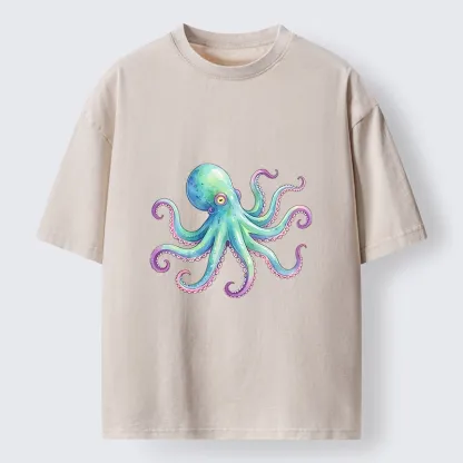 Tokyo‑Tiger Watercolor Octopus Washed T‑Shirt