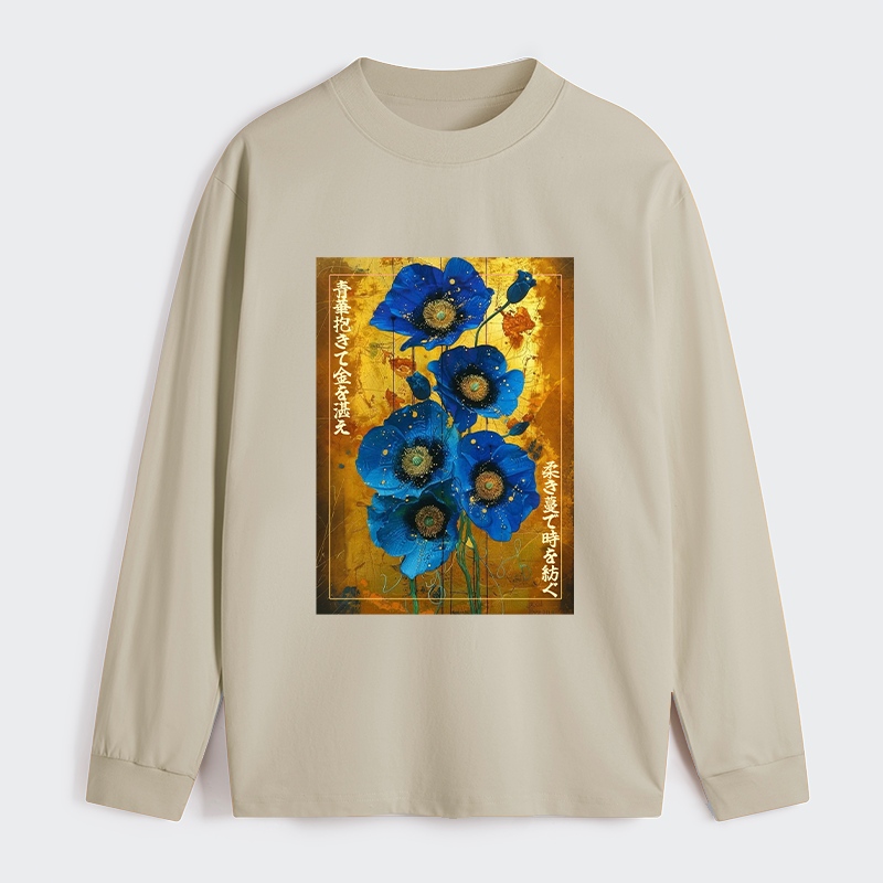 Tokyo-Tiger Shiny Blue Flower Warm Golden Background Classic Long Sleeve T-Shirt