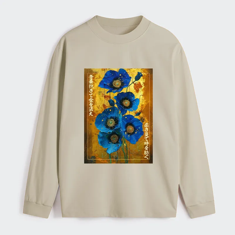 Tokyo-Tiger Shiny Blue Flower Warm Golden Background Classic Long Sleeve T-Shirt