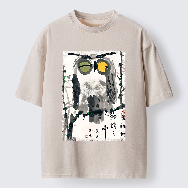 Tokyo‑Tiger Oriental Ink Owl Art Washed T‑Shirt Sale