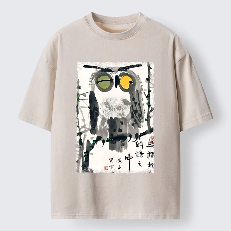 Tokyo-Tiger Oriental Ink Owl Art Washed T-Shirt
