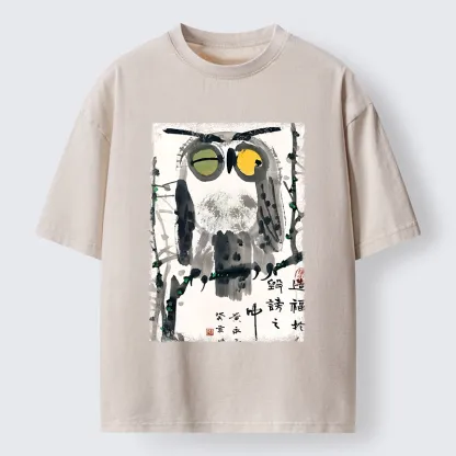 Tokyo-Tiger Oriental Ink Owl Art Washed T-Shirt