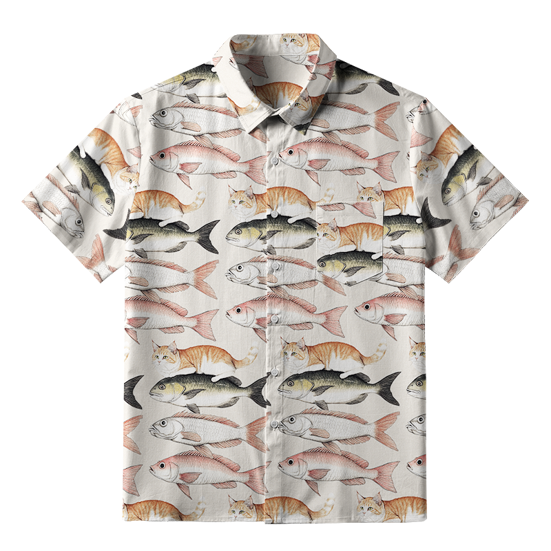 Tokyo-Tiger Funny Cat Riding On Fish Button-up Shirt