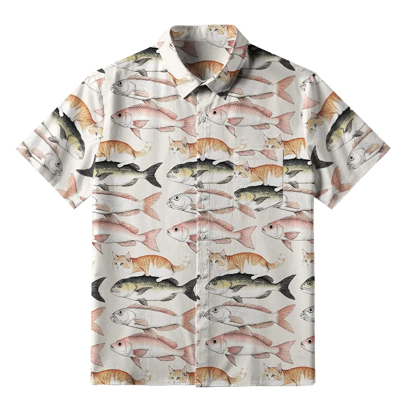 Tokyo-Tiger Funny Cat Riding On Fish Button-up Shirt