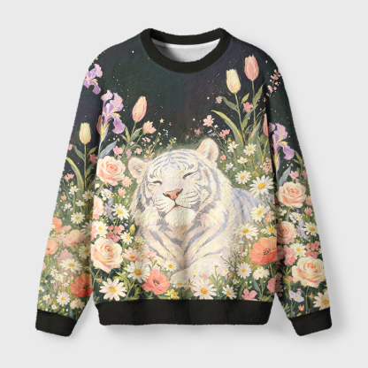 Tokyo-Tiger Blossom‑Wrapped Tiger Fuzzy Christmas Ugly Sweatshirt