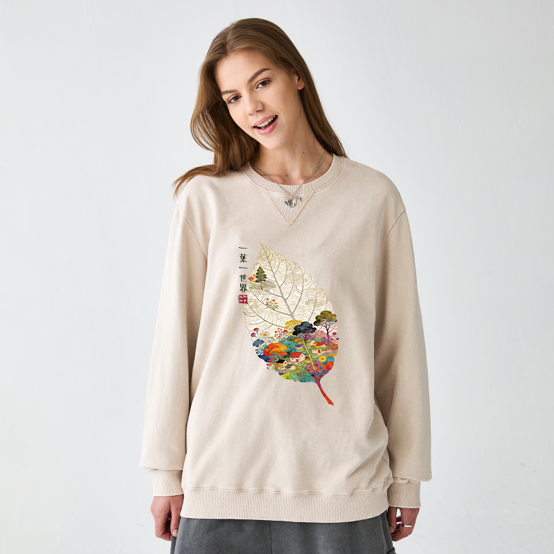 Tokyo-Tiger One Leaf Holds A Tiny Colorful World Washed Terry Sweatshirt