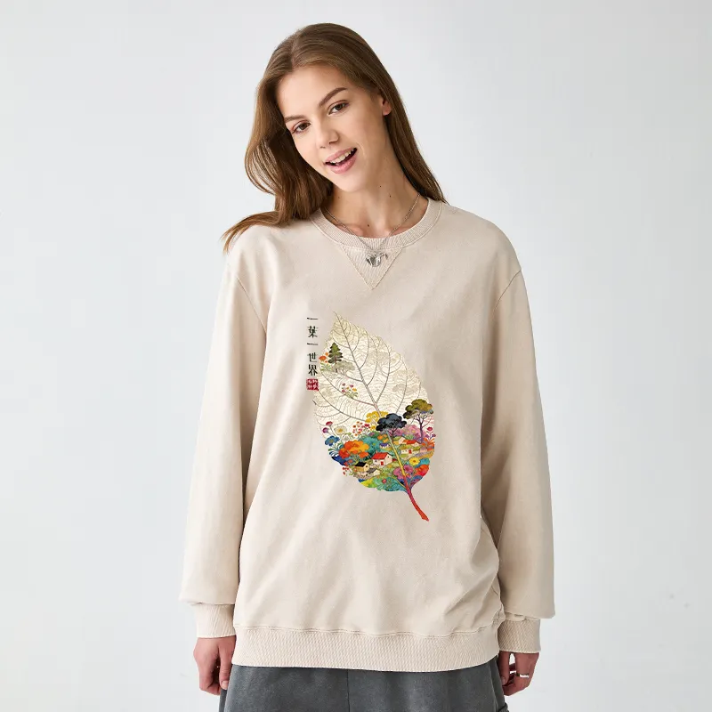 Tokyo-Tiger One Leaf Holds A Tiny Colorful World Washed Terry Sweatshirt