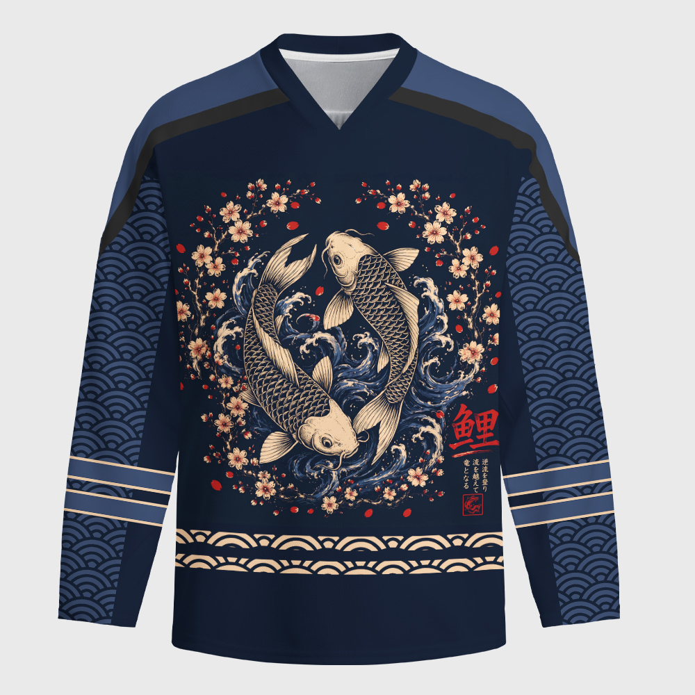 Tokyo-Tiger Japanese Twin Koi Wave Art Long-Sleeve Hockey Jersey