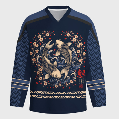 Tokyo-Tiger Japanese Twin Koi Wave Art Long-Sleeve Hockey Jersey