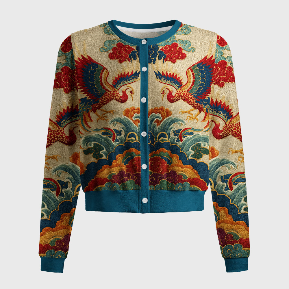 Tokyo-Tiger Vermilion Phoenixes in Brocade Skies Women's Lightweight Cardigan