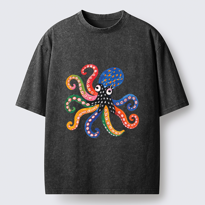 Tokyo‑Tiger Bright Rainbow Octopus Washed T‑Shirt Sale
