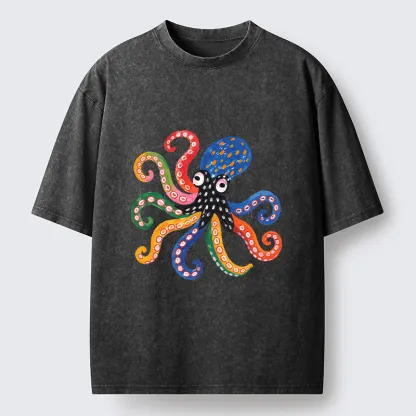 Tokyo-Tiger Bright Rainbow Octopus Washed T-Shirt