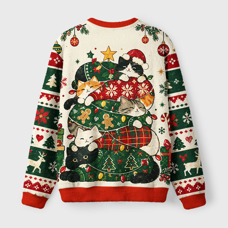 Tokyo-Tiger Stacked Christmas Cats Fuzzy Christmas Ugly Sweatshirt
