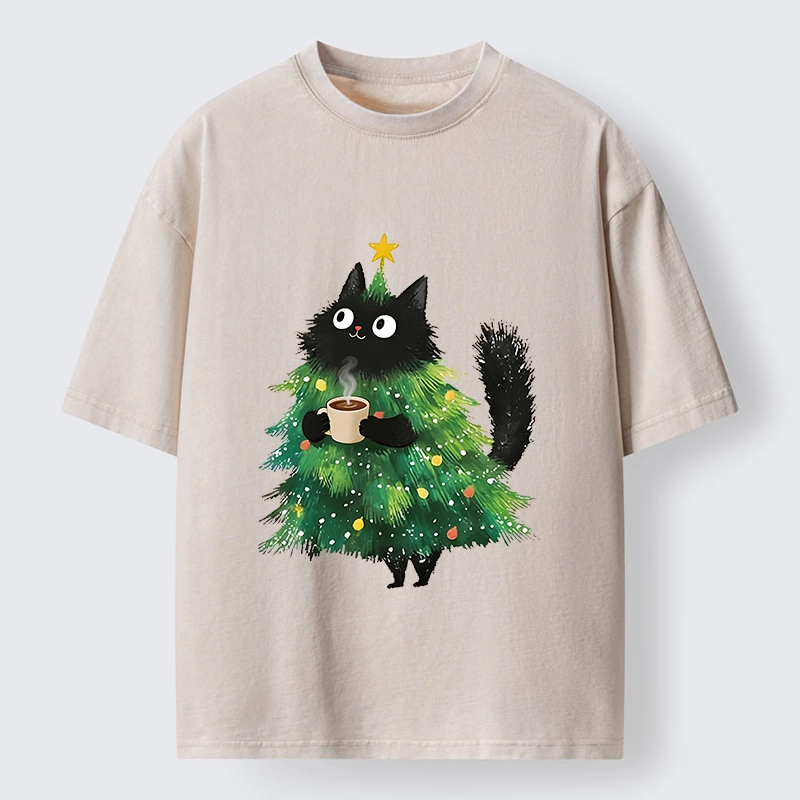 Tokyo‑Tiger Coffee Christmas Cat Washed T‑Shirt