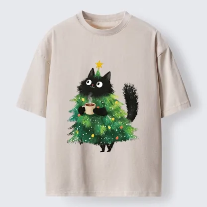 Tokyo‑Tiger Coffee Christmas Cat Washed T‑Shirt