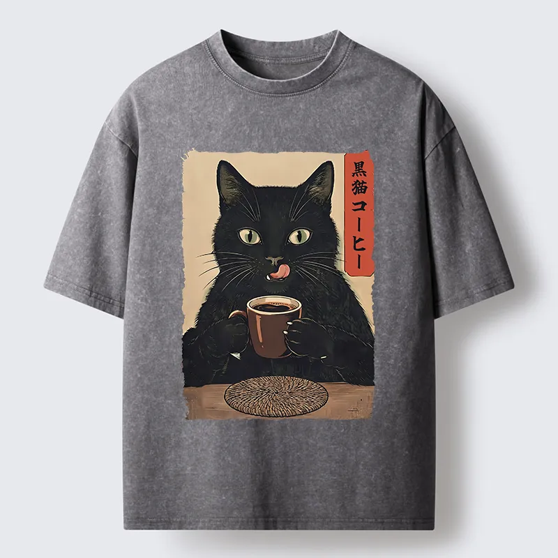 Tokyo-Tiger Vintage Black Cat Coffee Art Washed T-Shirt
