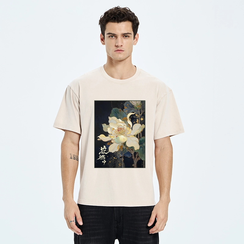 Tokyo-Tiger Lotus Adorned With Golden Specks Washed T-Shirt