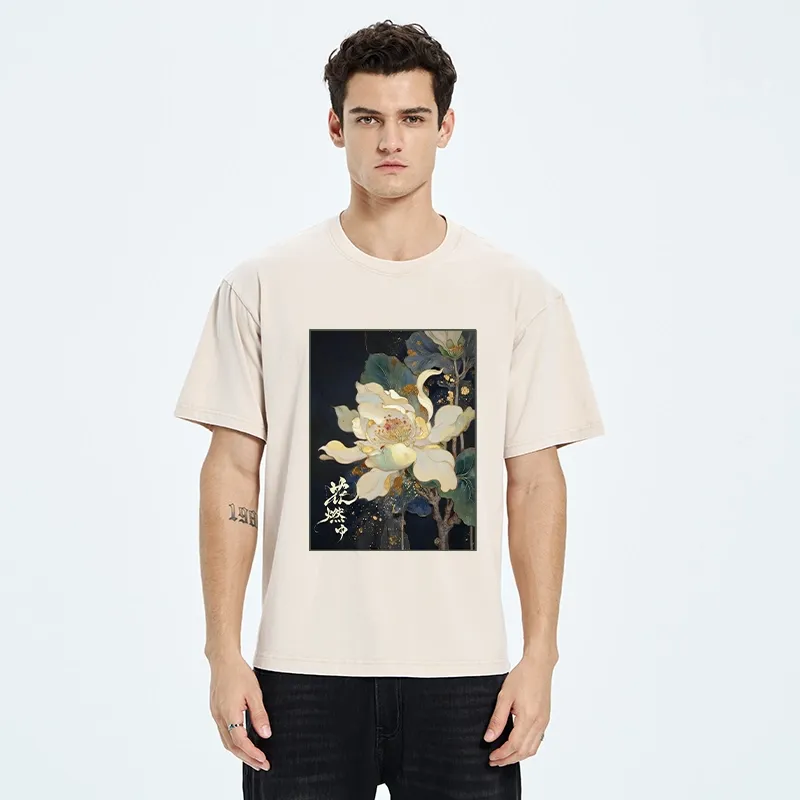 Tokyo-Tiger Lotus Adorned With Golden Specks Washed T-Shirt