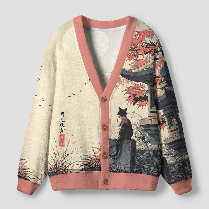 Tokyo-Tiger Autumn Moon Maple Cat Art Ugly Cardigan Sweater
