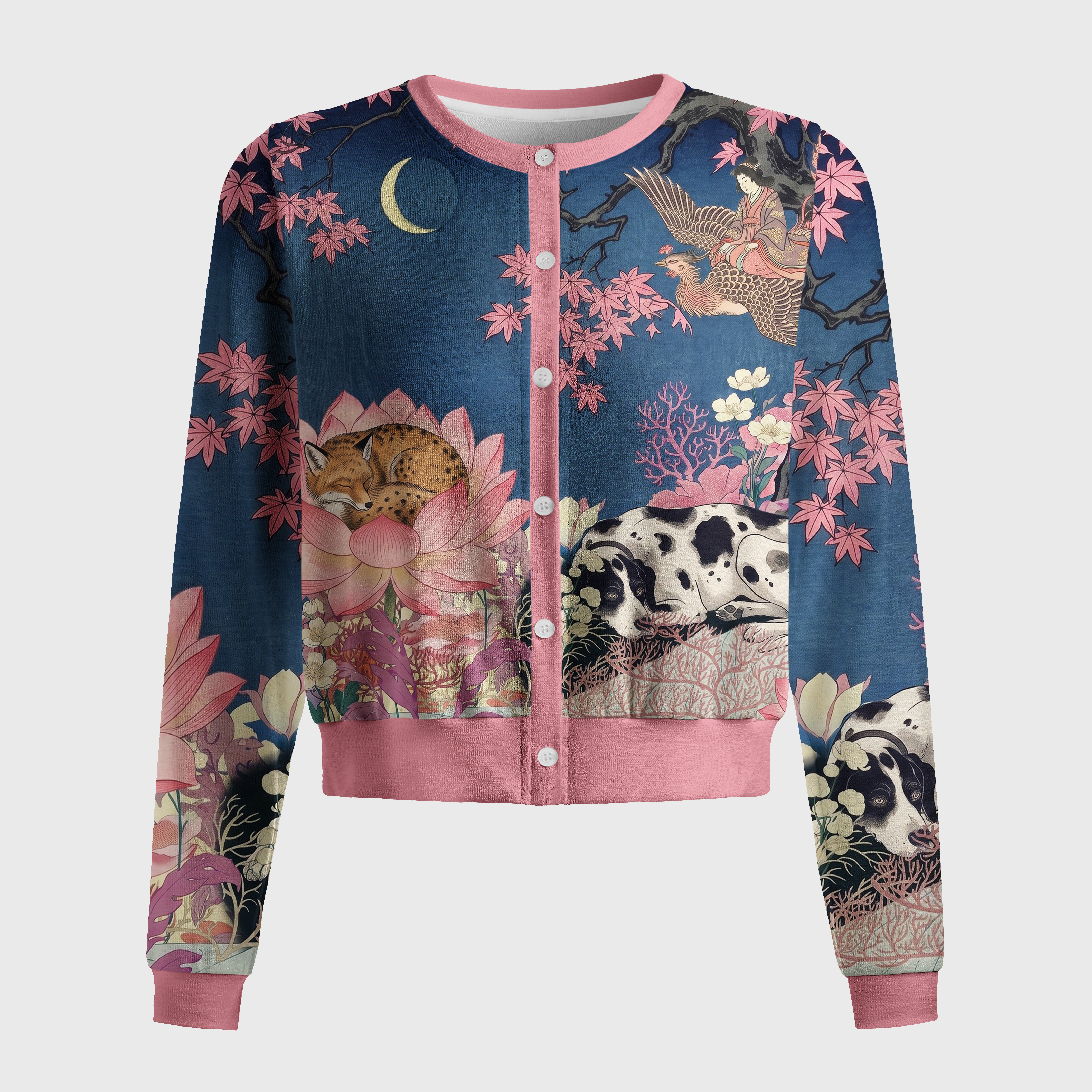 Tokyo-Tiger Oriental Ukiyo Art Animal & Lotus Women's Lightweight Cardigan
