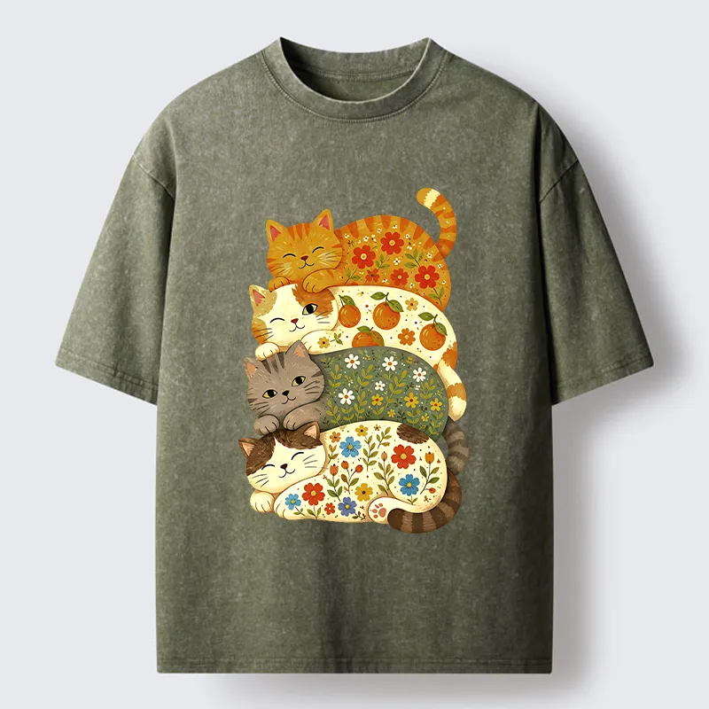 Tokyo‑Tiger Stacked Floral Cats Washed T‑Shirt