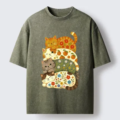 Tokyo‑Tiger Stacked Floral Cats Washed T‑Shirt