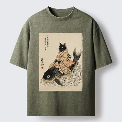 Tokyo-Tiger Vintage Japan Cat Art Washed T-Shirt