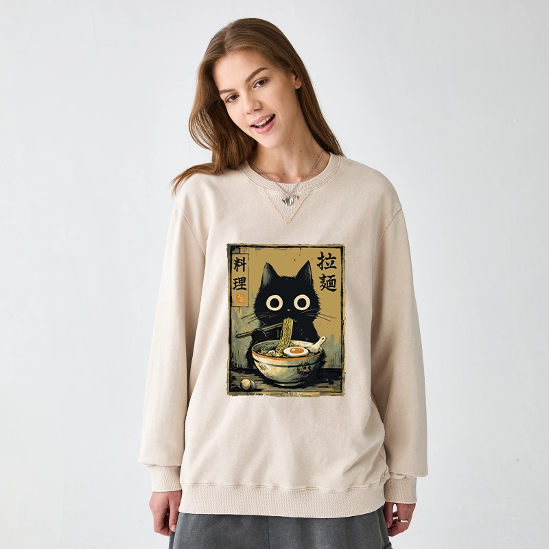 Tokyo-Tiger Cute Black Cat Eating Ramen Japan Washed Terry Sweatshirt
