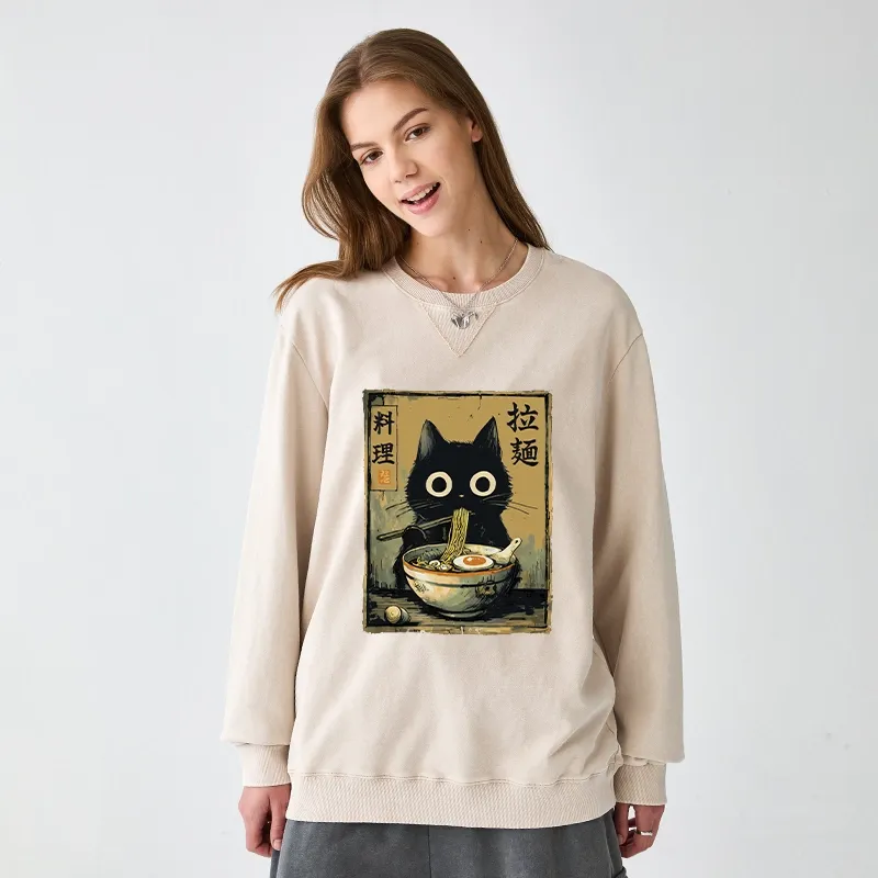 Tokyo-Tiger Cute Black Cat Eating Ramen Japan Washed Terry Sweatshirt