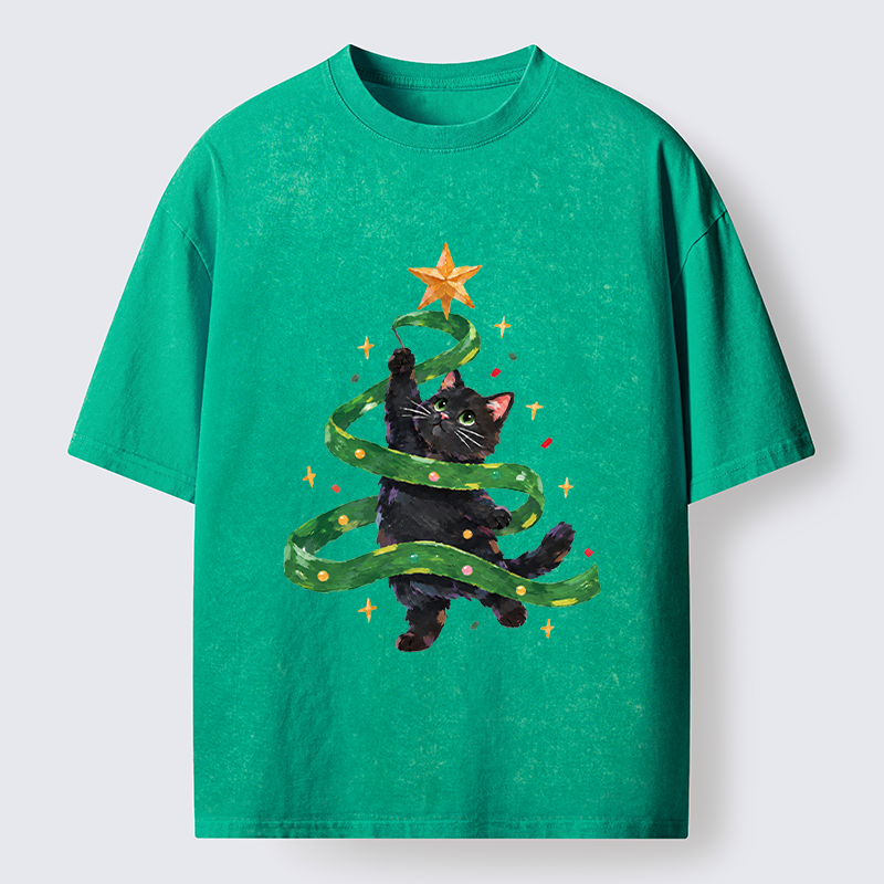 Tokyo-Tiger Black Cat Christmas Tree Ribbon Washed T-Shirt