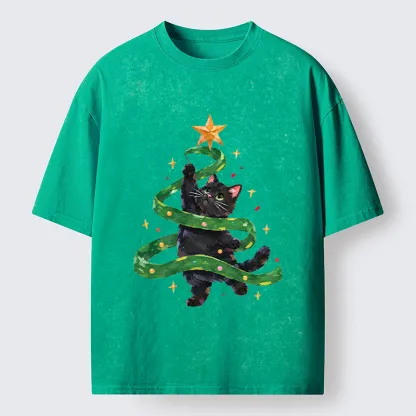 Tokyo-Tiger Black Cat Christmas Tree Ribbon Washed T-Shirt