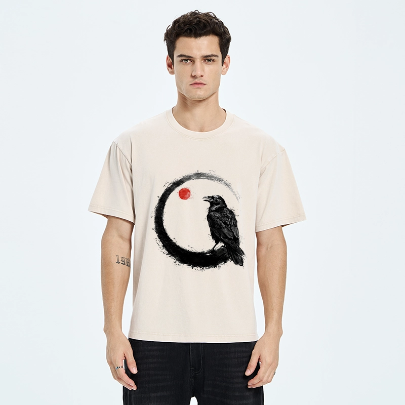 Tokyo-Tiger Japanese Circle Crow Scene Washed T-Shirt