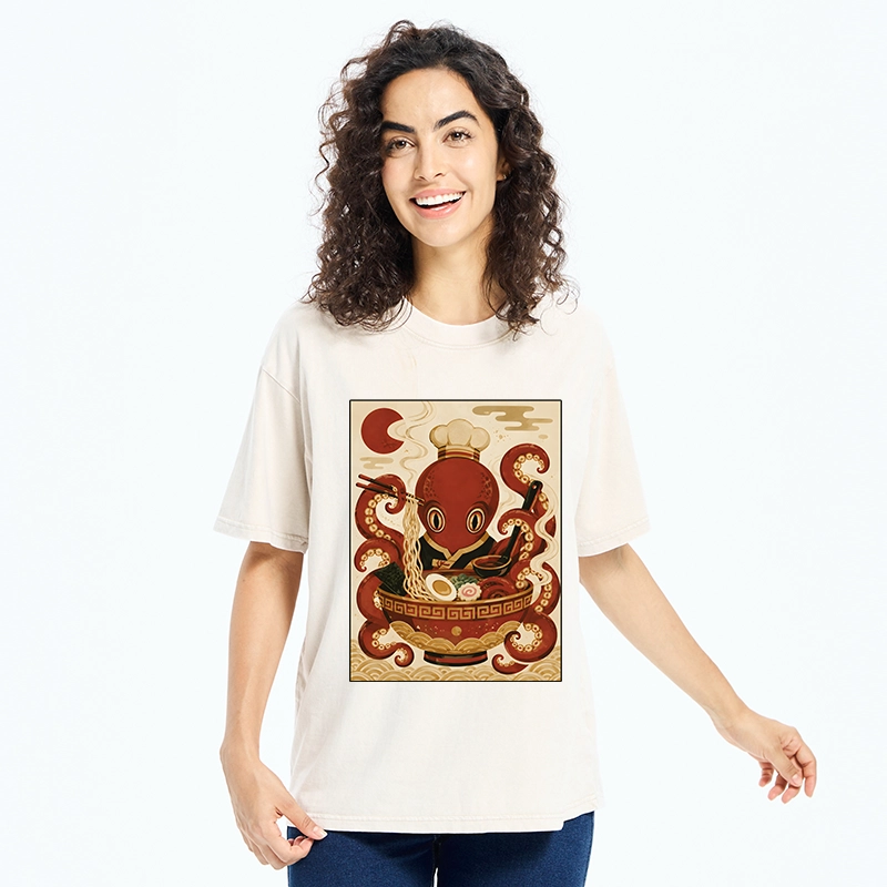 Tokyo-Tiger Red Octopus Master Noodle Maker Washed T-Shirt