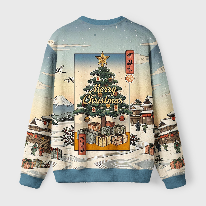 Tokyo-Tiger Ukiyo-e Japanese Christmas Tree Fuzzy Christmas Ugly Sweatshirt