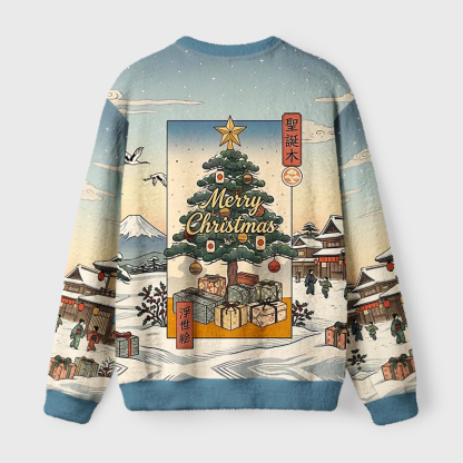 Tokyo-Tiger Ukiyo-e Japanese Christmas Tree Fuzzy Christmas Ugly Sweatshirt
