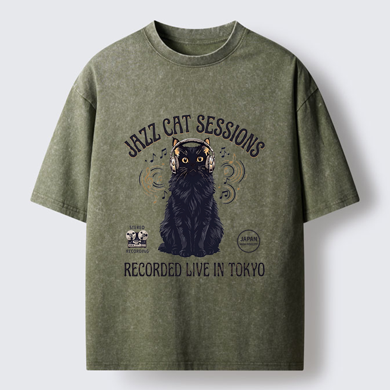 Tokyo-Tiger Jazz Cat Vibes Washed T-Shirt