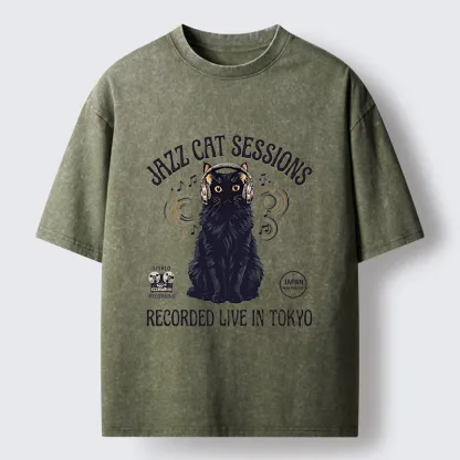 Tokyo-Tiger Jazz Cat Vibes Washed T-Shirt
