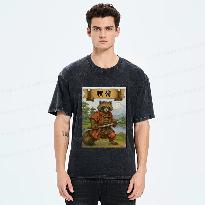 Tokyo-Tiger Raccoon Samurai Japan Washed T-Shirt