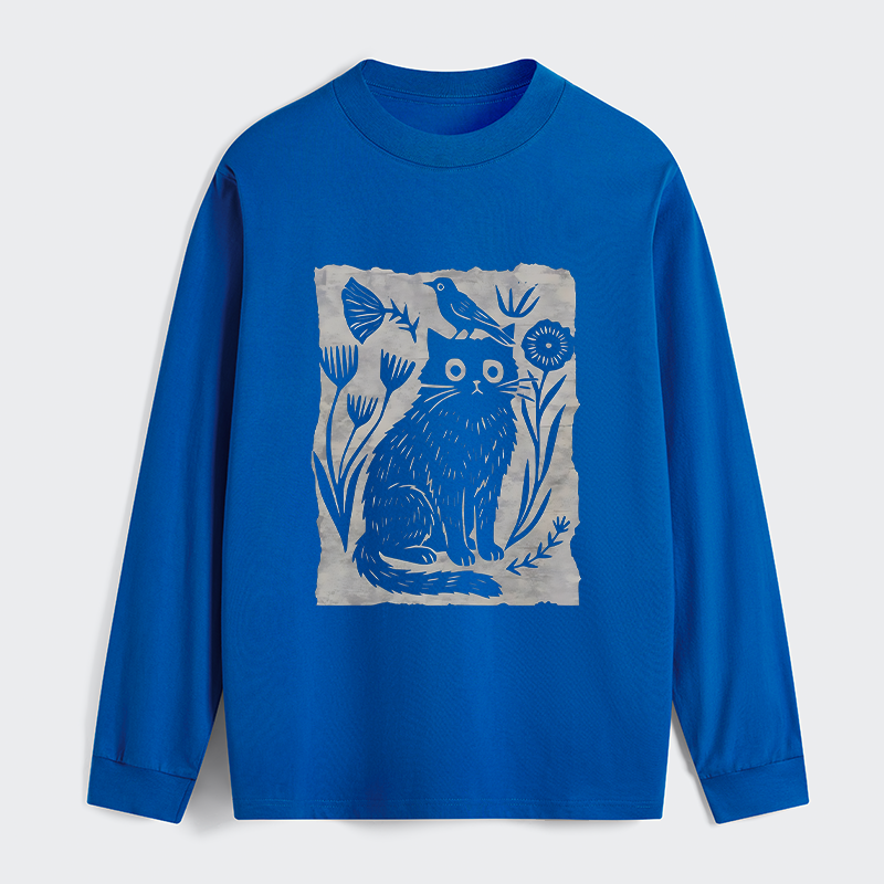 Tokyo-Tiger Folk Paper Cut Cat Bird Floral Art Classic Long Sleeve T-Shirt