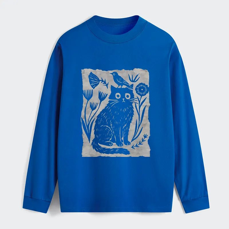 Tokyo-Tiger Folk Paper Cut Cat Bird Floral Art Classic Long Sleeve T-Shirt
