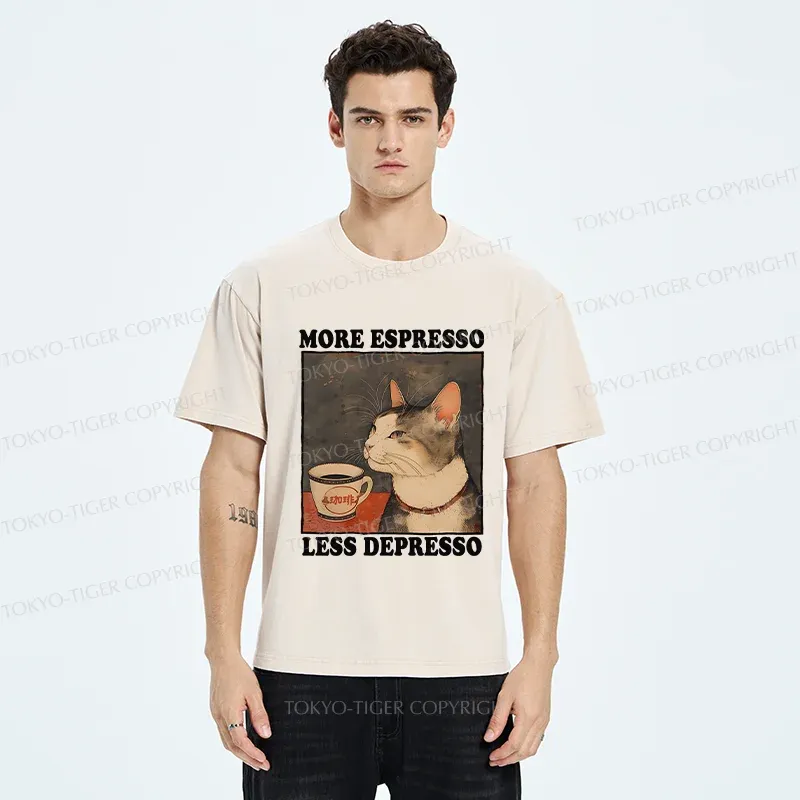 Tokyo-Tiger Cute Cat Drinking Coffee Washed T-Shirt
