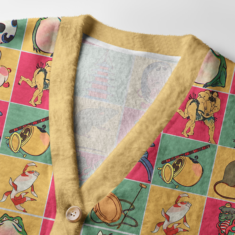 Tokyo-Tiger Playful Ukiyo-e Patchwork Ugly Cardigan Sweater