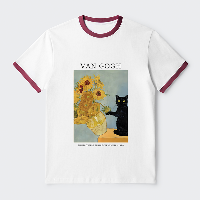 Tokyo-Tiger Black Cat With Sunflowers Contrast Trim T-Shirt