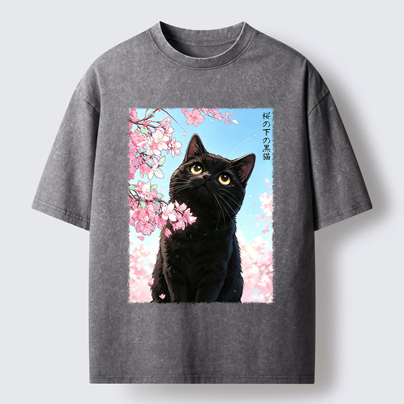 Tokyo-Tiger Japanese Sakura Black Cat Washed T-Shirt