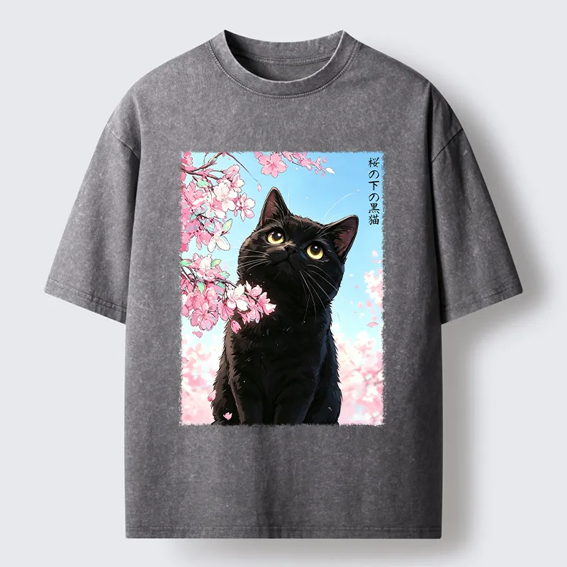 Tokyo-Tiger Japanese Sakura Black Cat Washed T-Shirt