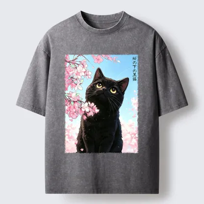 Tokyo-Tiger Japanese Sakura Black Cat Washed T-Shirt