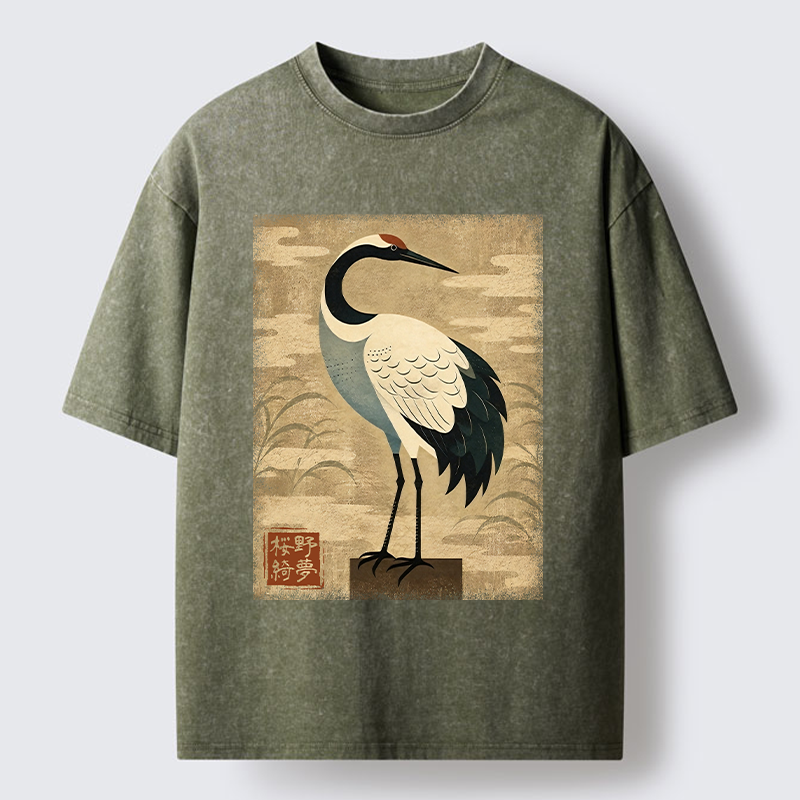 Tokyo-Tiger Elegant Japanese Crane Washed T-Shirt