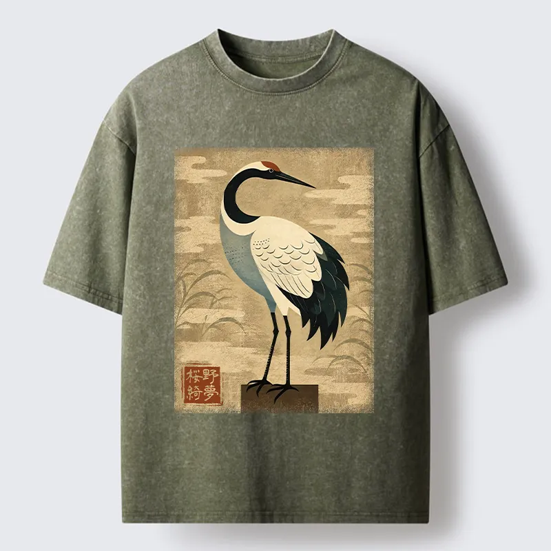 Tokyo-Tiger Elegant Japanese Crane Washed T-Shirt