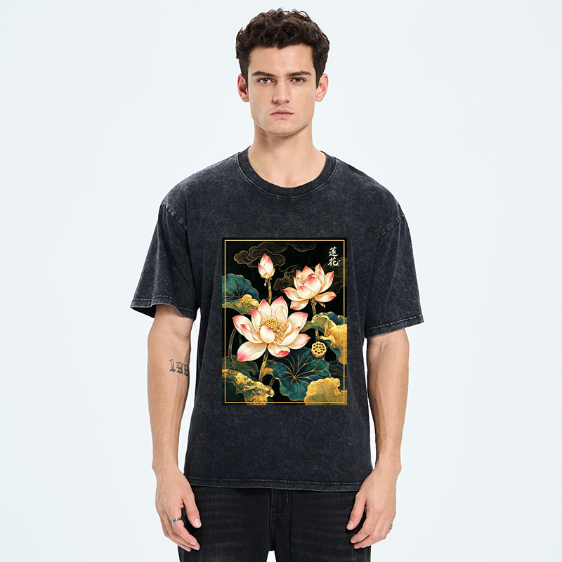 Tokyo-Tiger Oriental Lotus Print Washed T-Shirt
