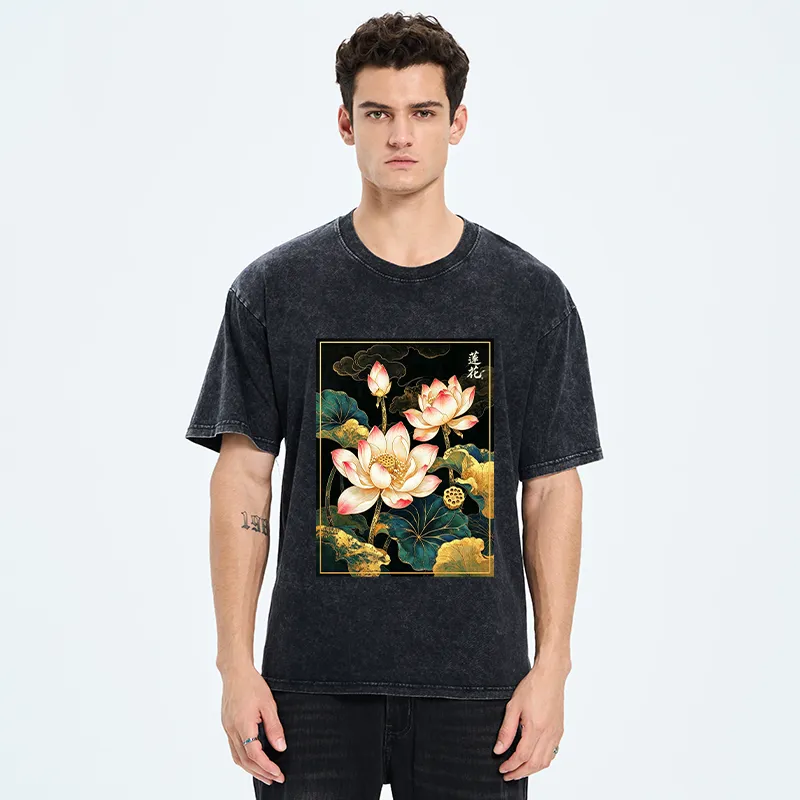 Tokyo-Tiger Oriental Lotus Print Washed T-Shirt